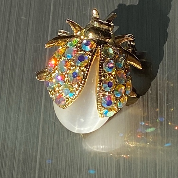 Aurora Borealis Crystal Rhinestone Gold Tone Bug Brooch Pin - Picture 6 of 13